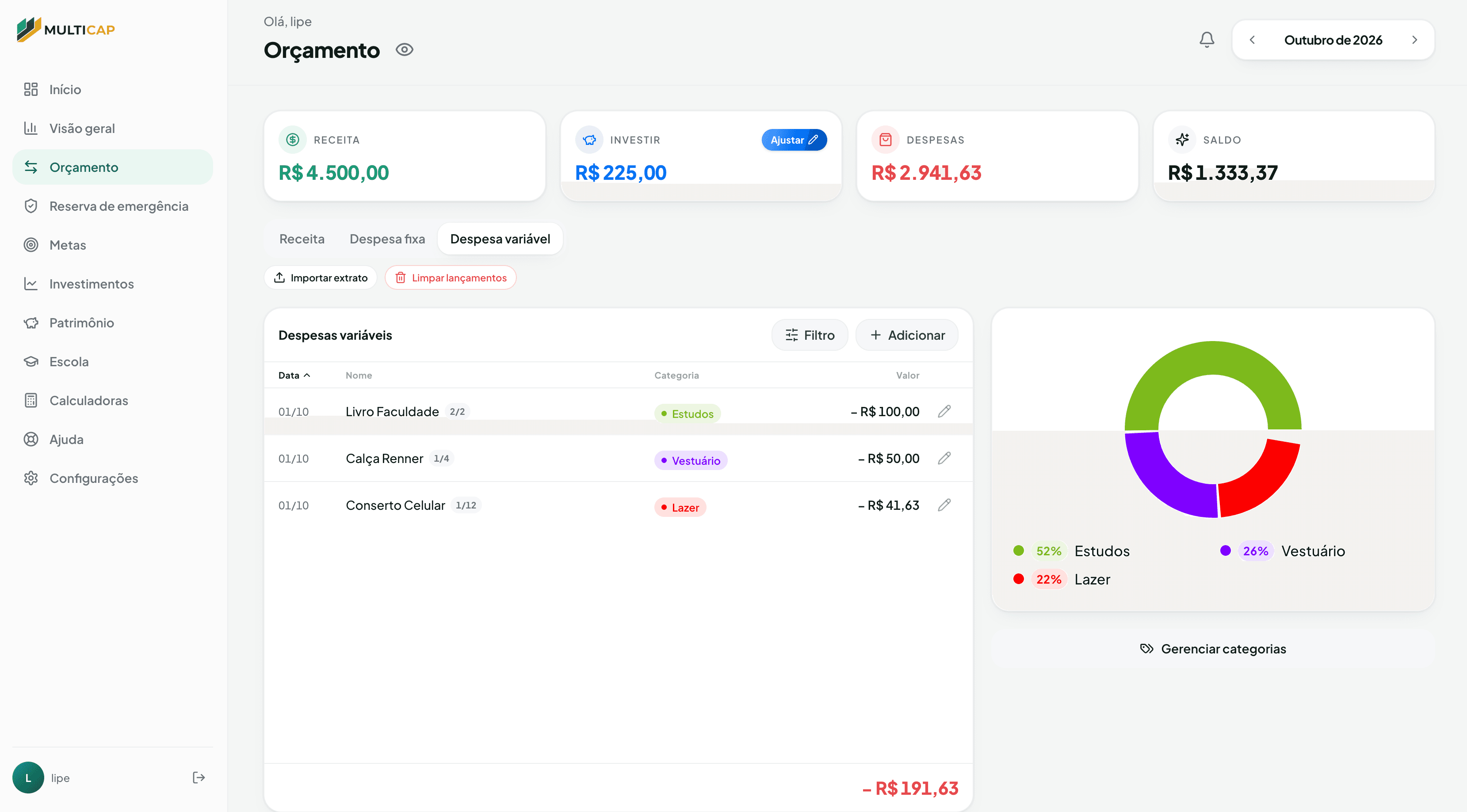 Tela Orçamento da Alive Finance